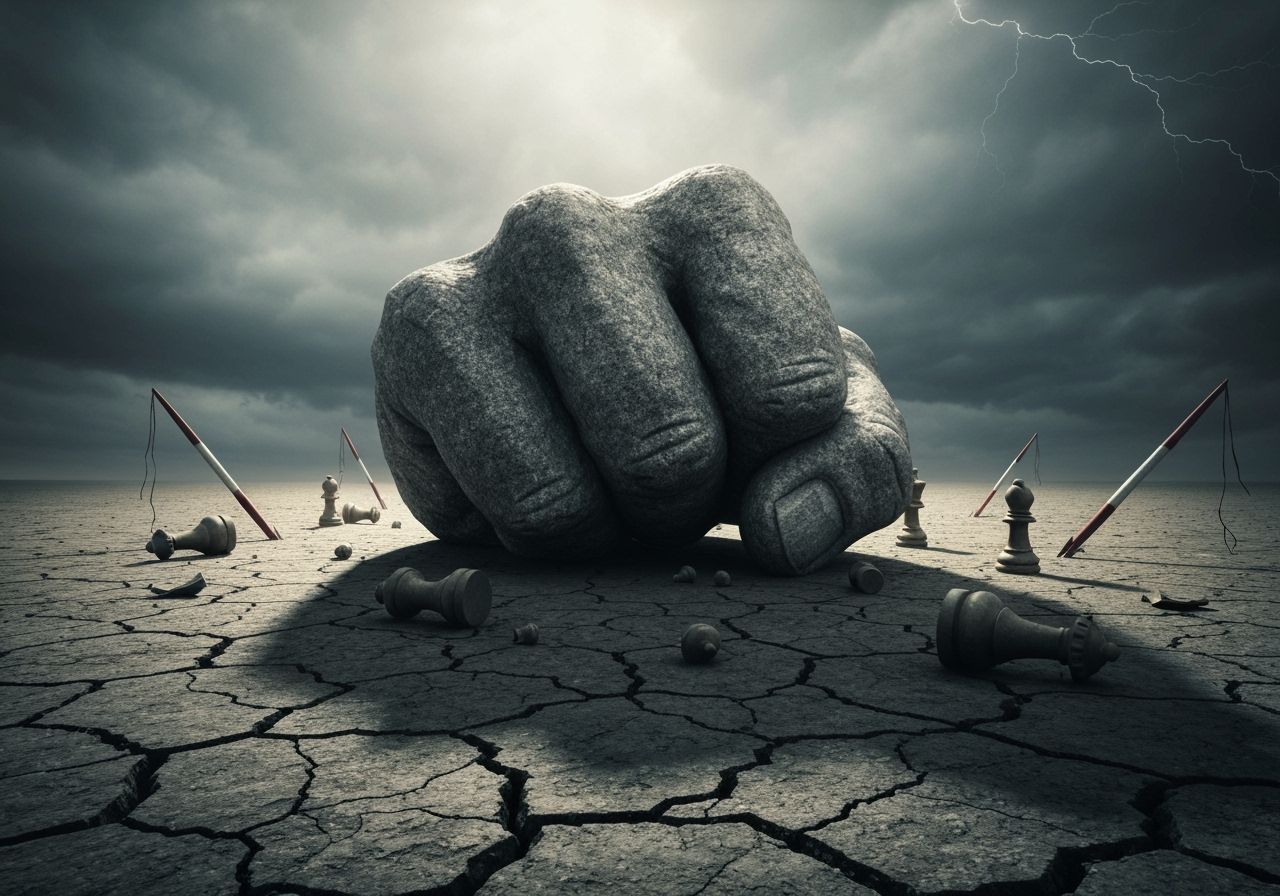 Colossal Stone Fist Strikes in Apocalyptic Landscape