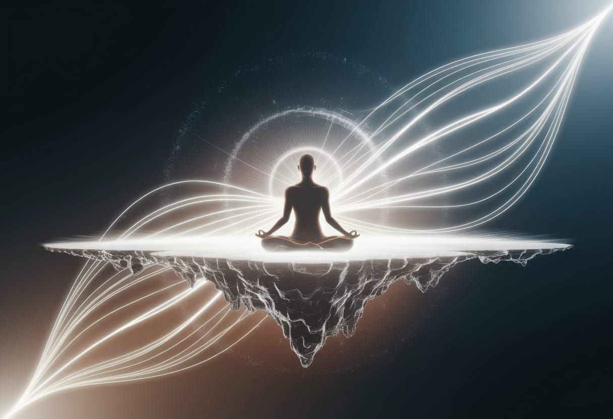 Figure Meditating on Light Island in Cosmic Flow