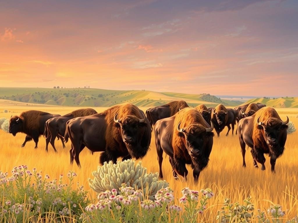 Majestic Bisons in Sunset Landscape