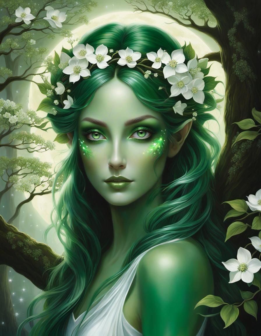Enchanting Dryad in Moonlight: A Digital Painting
