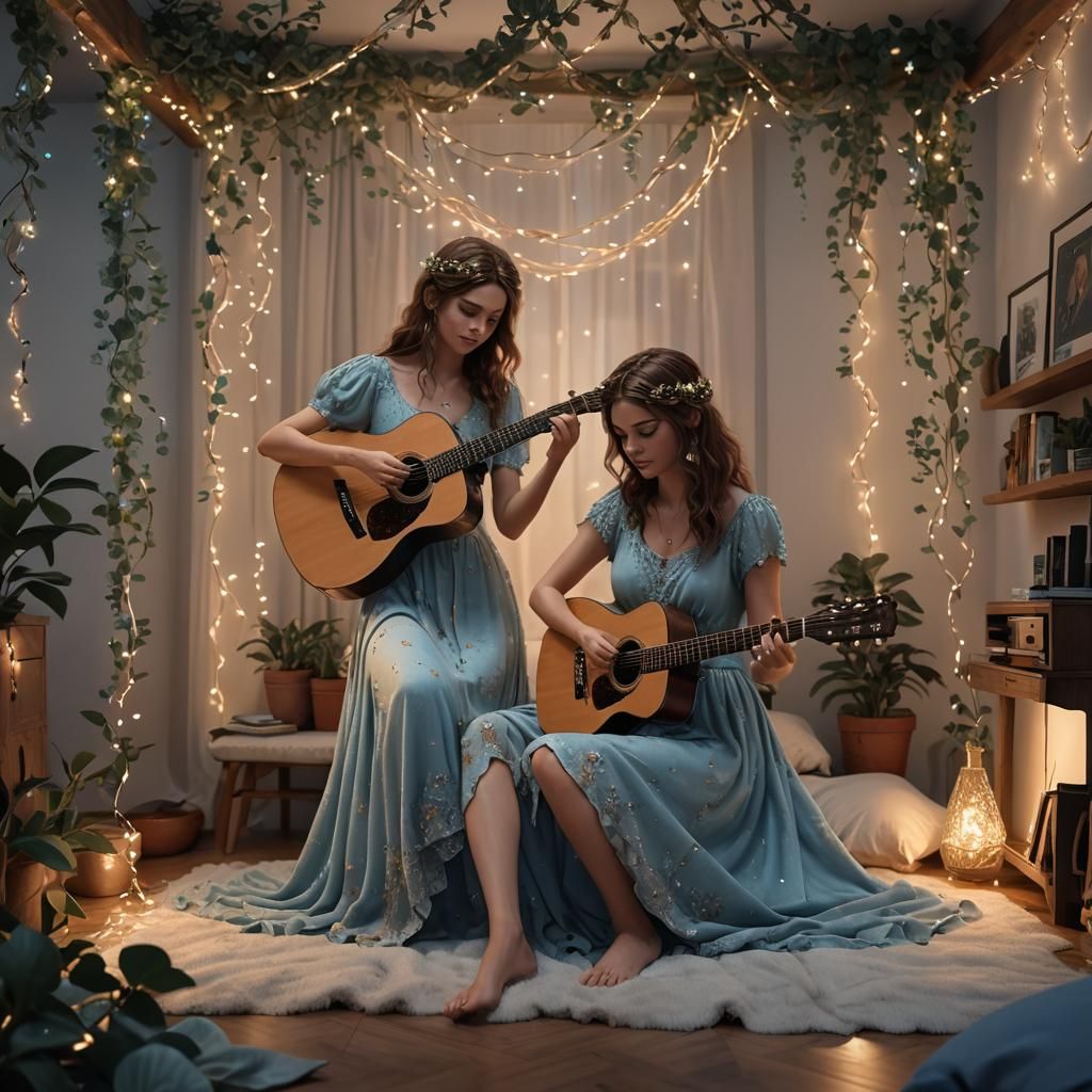 Girl Playing Guitar in Aesthetic Bedroom