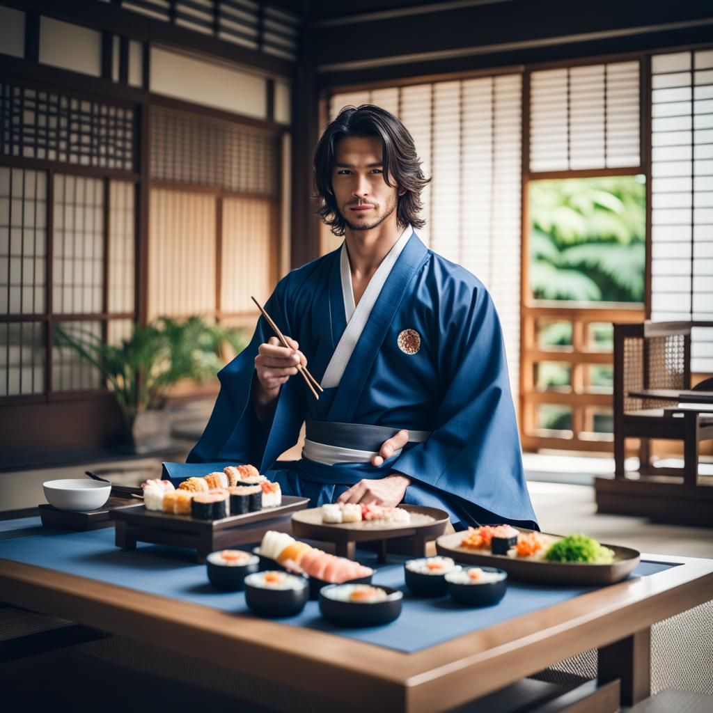 Handsome Man Enjoys Sushi in Zen Garden