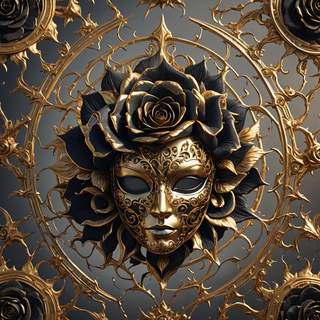 Gold and Black Rose Sun Mask in Detailed Matte Painting