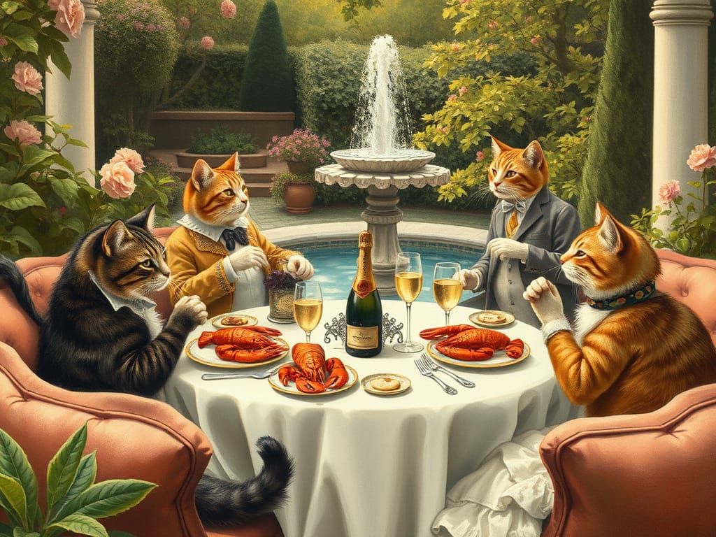 Cats' Lavish Garden Dinner, Beatrix Potter Style