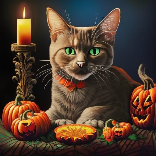 Halloween Black Cats in Abstract Pointillism Style