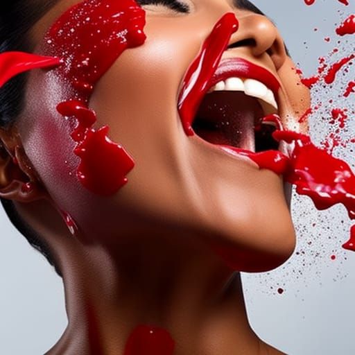 Hyperrealistic Latin Woman Covered in Ketchup