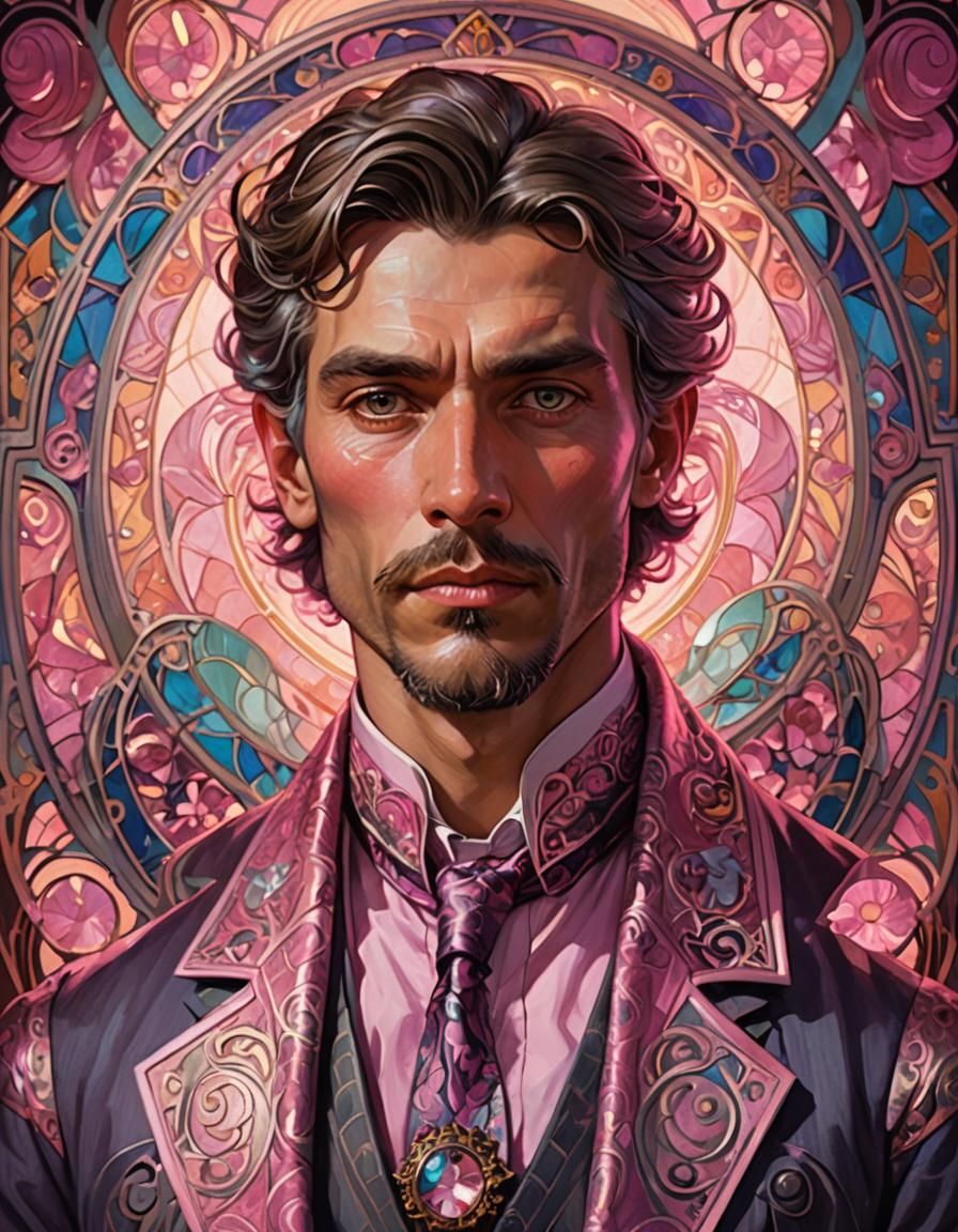 Pink Male Portrait in Art Nouveau Style