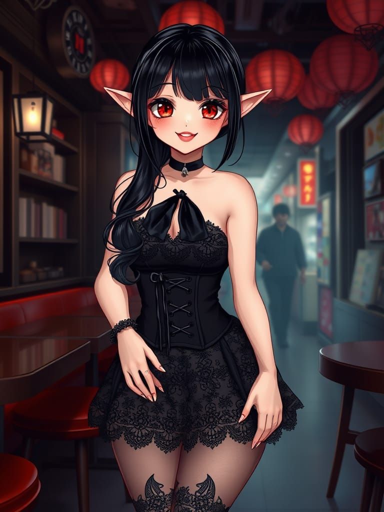 Gothic Vampire Hostess in Chic Cosplay Café Attire