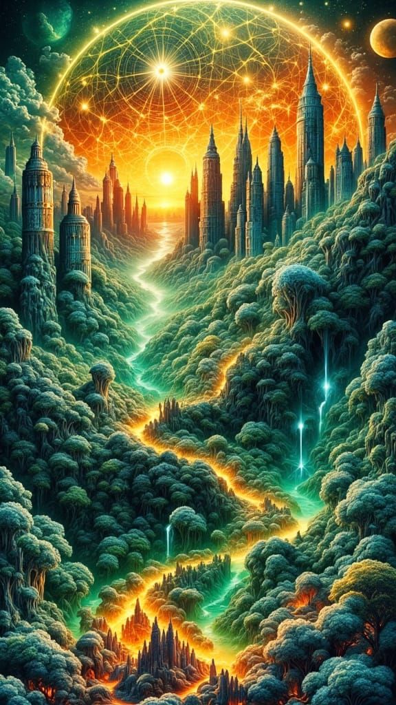 Neon Green and Orange Surreal Abstract Landscape