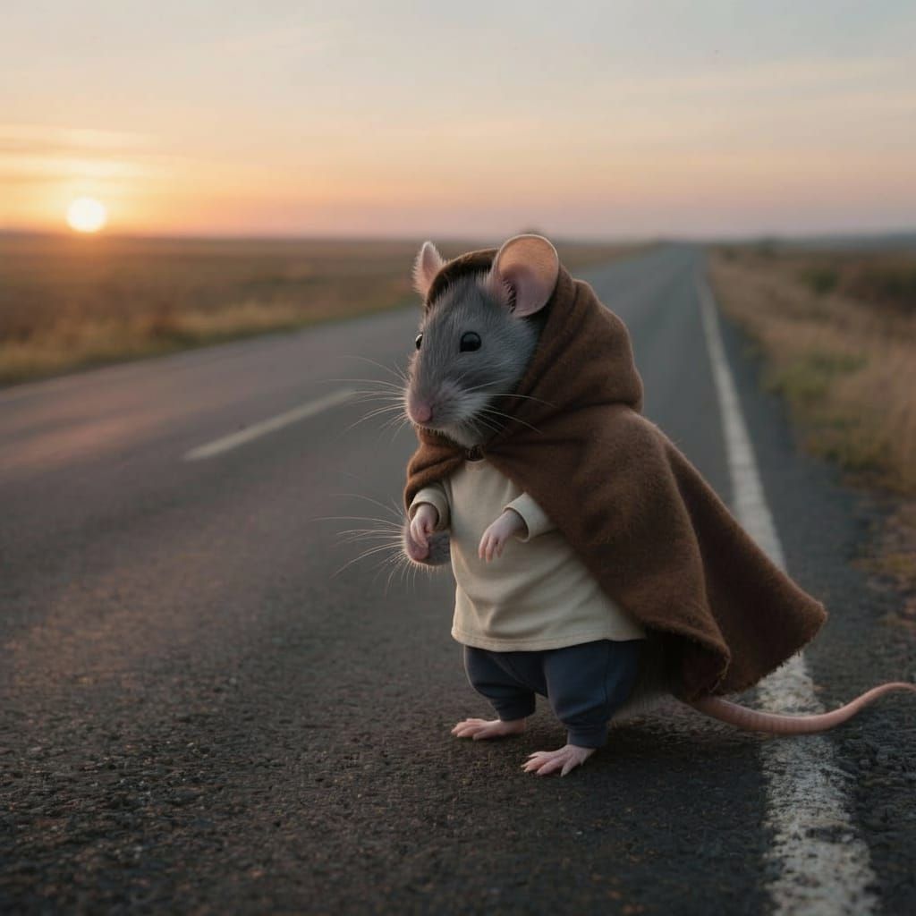 Mouse in Cloak Walks Long Road at Daybreak