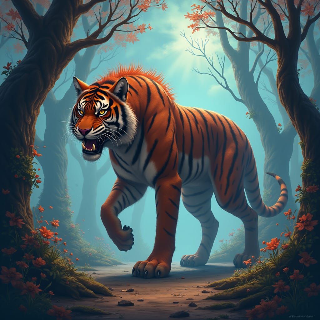 Majestic Tiger-Wolf Hybrid in Ancient, Mystical Forest