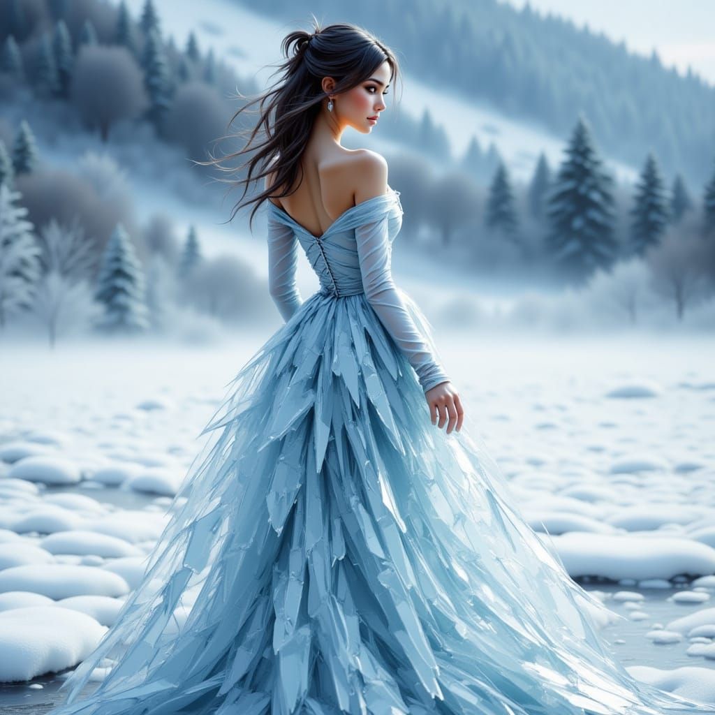 Elegant Model in Flowing Ice Crystal Gown