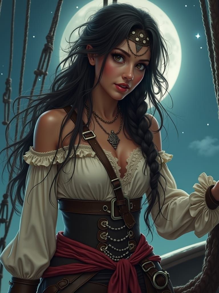 Whimsical Pirate with Braids Under Moonlight