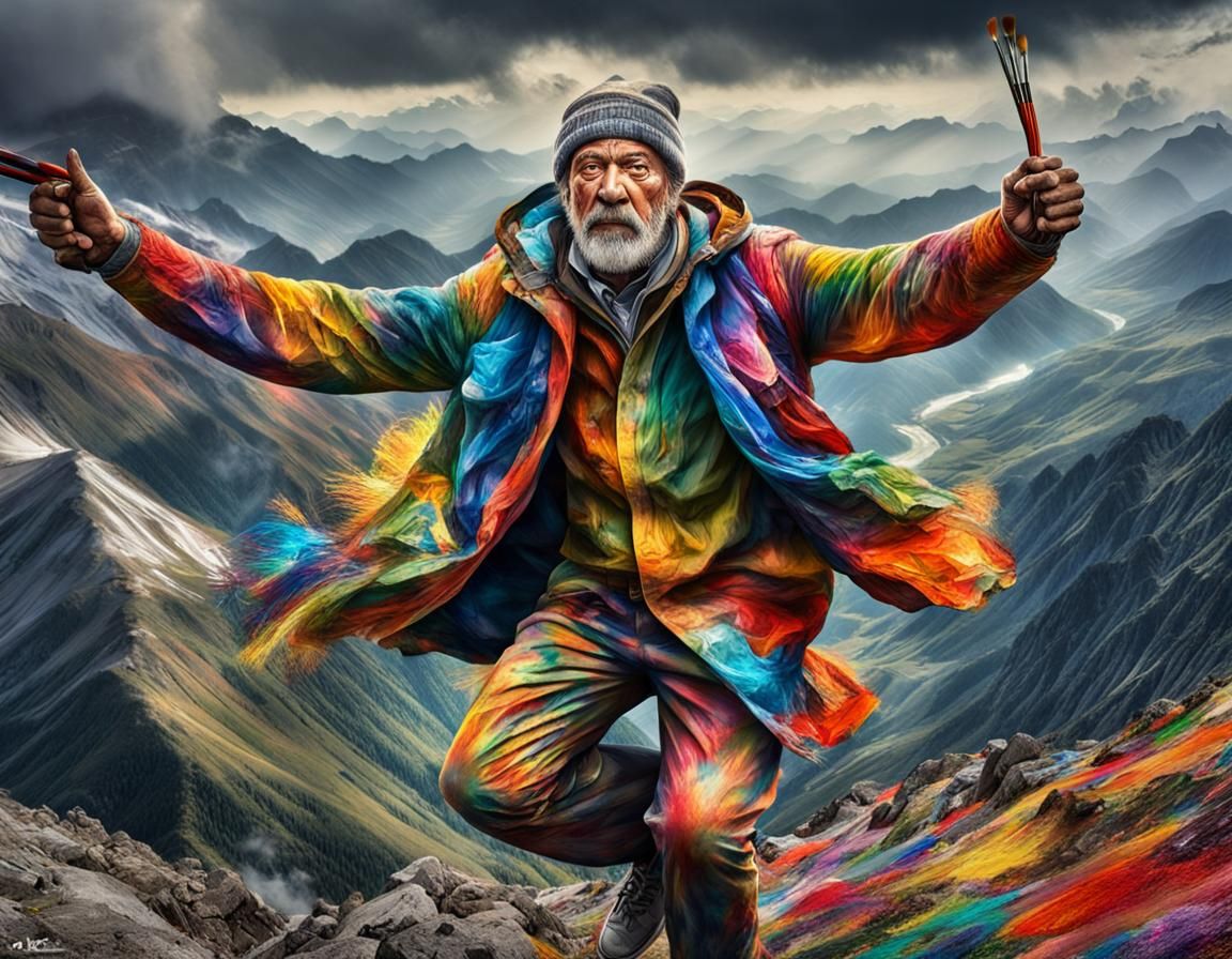 Giant Painter Colors Mountains in Hyperrealistic Style