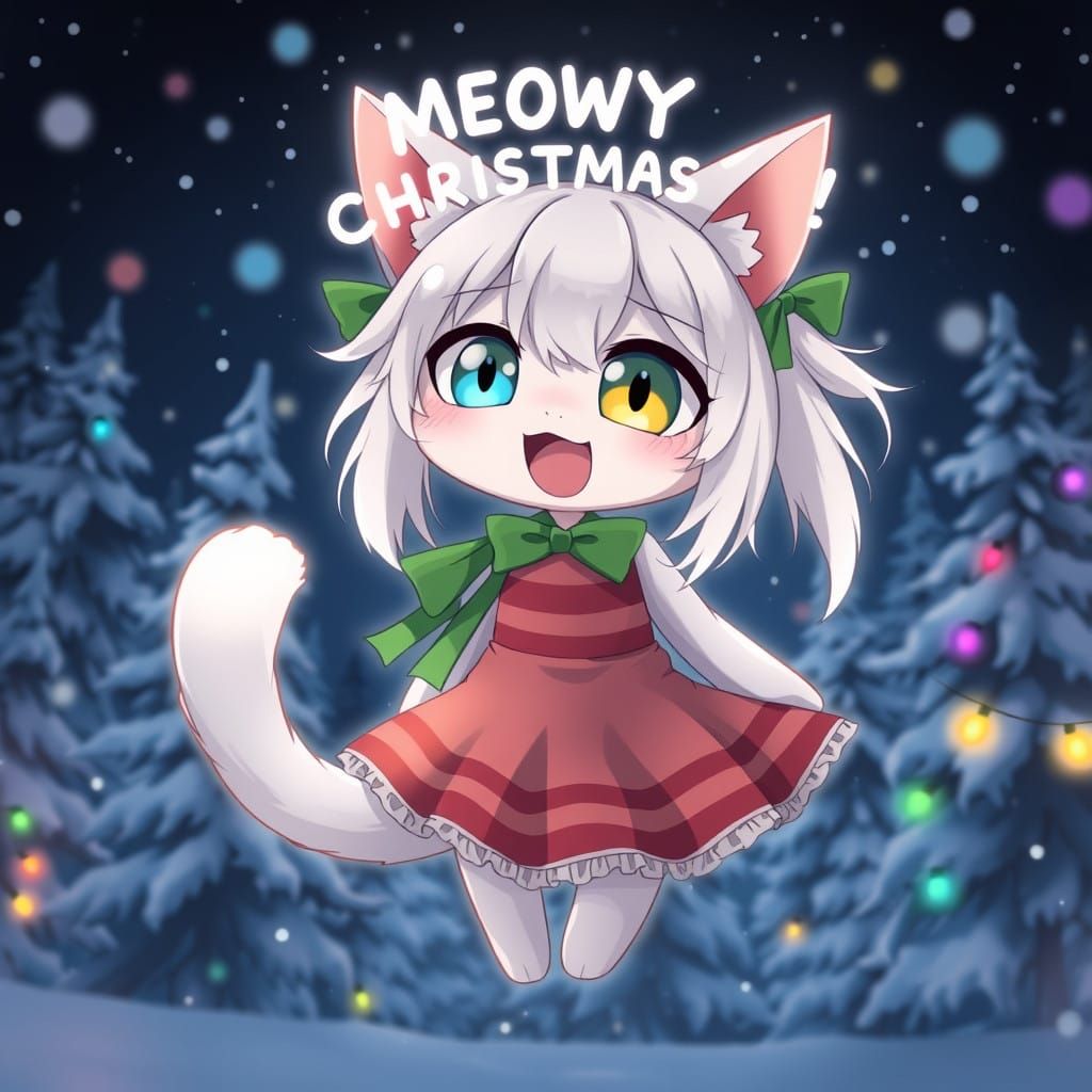 Whimsical Anime Catgirl Celebrates Christmas in a Snowy Pine...