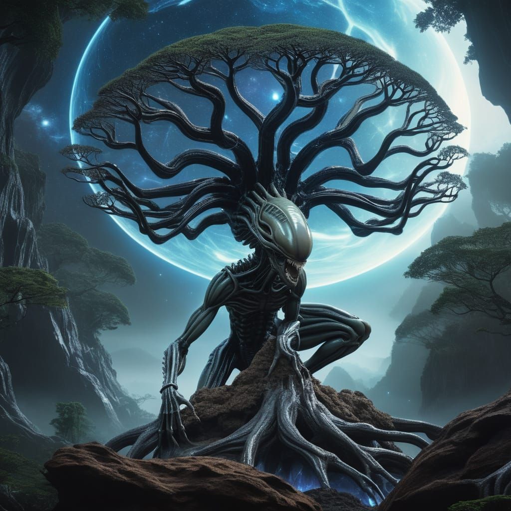 Ancestral Cosmic Tree on Flying Rock in Nebula