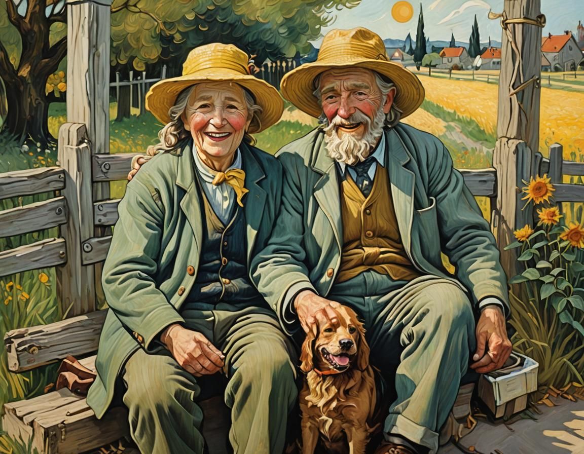 Elderly Couple in Garden, Impasto Oil Painting