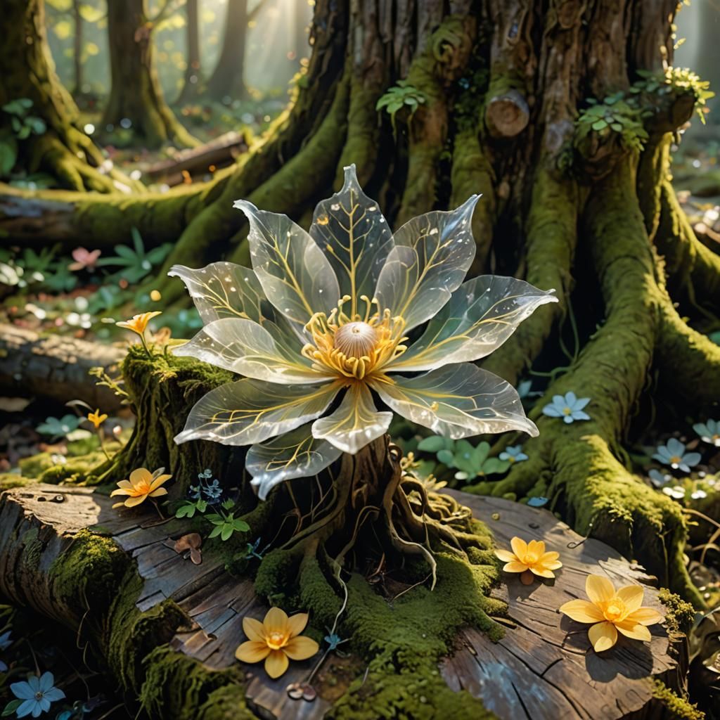 Glowing Golden Flower on Mossy Stump