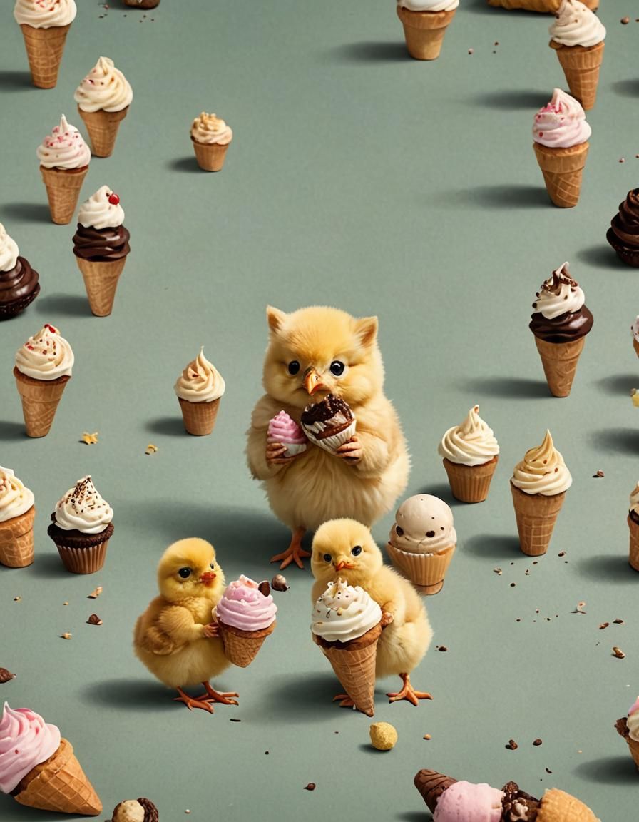 A baby chick with a kitten and they're holding a cupcake and...