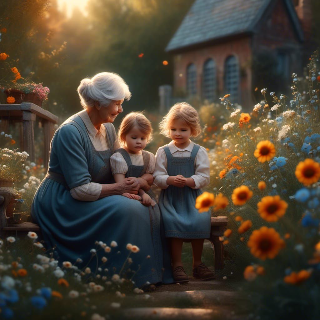 Grandmother and Grandchildren in Wildflower Garden