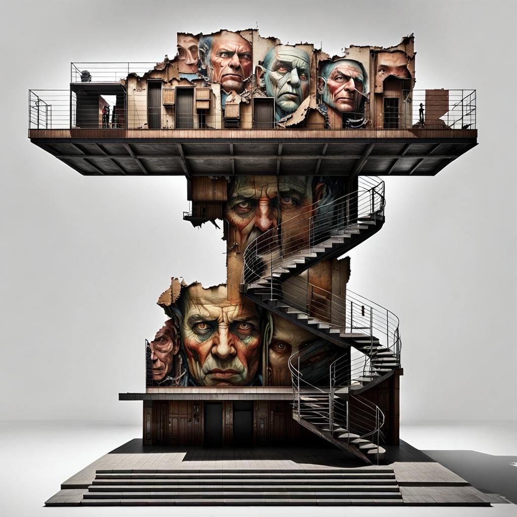 Brutalist Hall with Panoramic Post-Apocalyptic Art