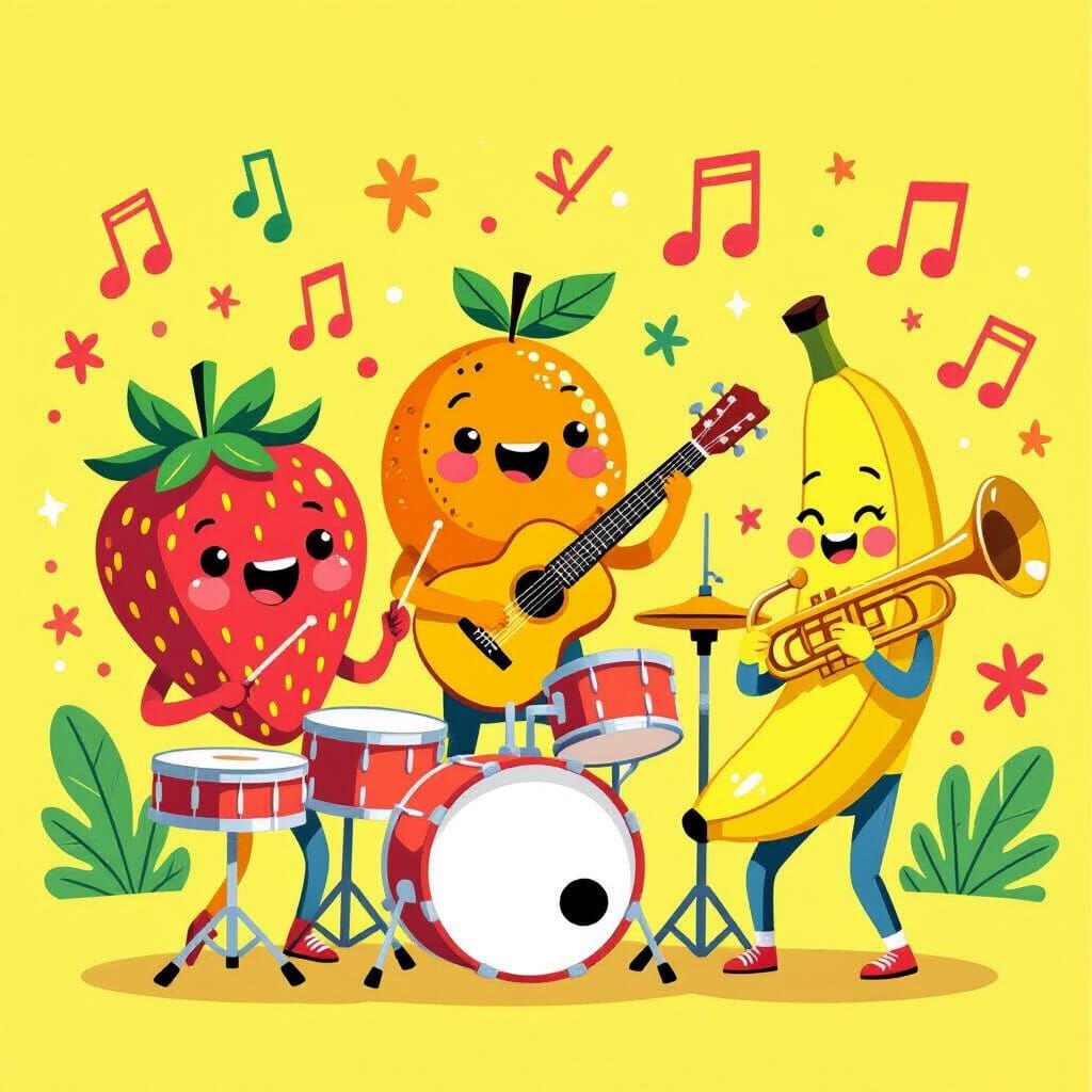 Cartoon Fruits Play Music in Playful 2D Art