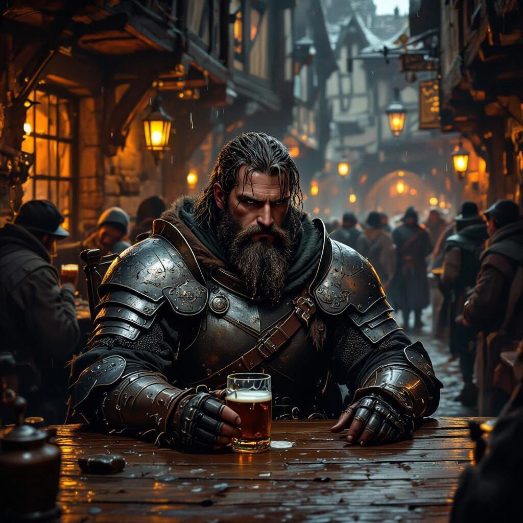 Knight in Tavern, Realistic Style with Dramatic Shadows