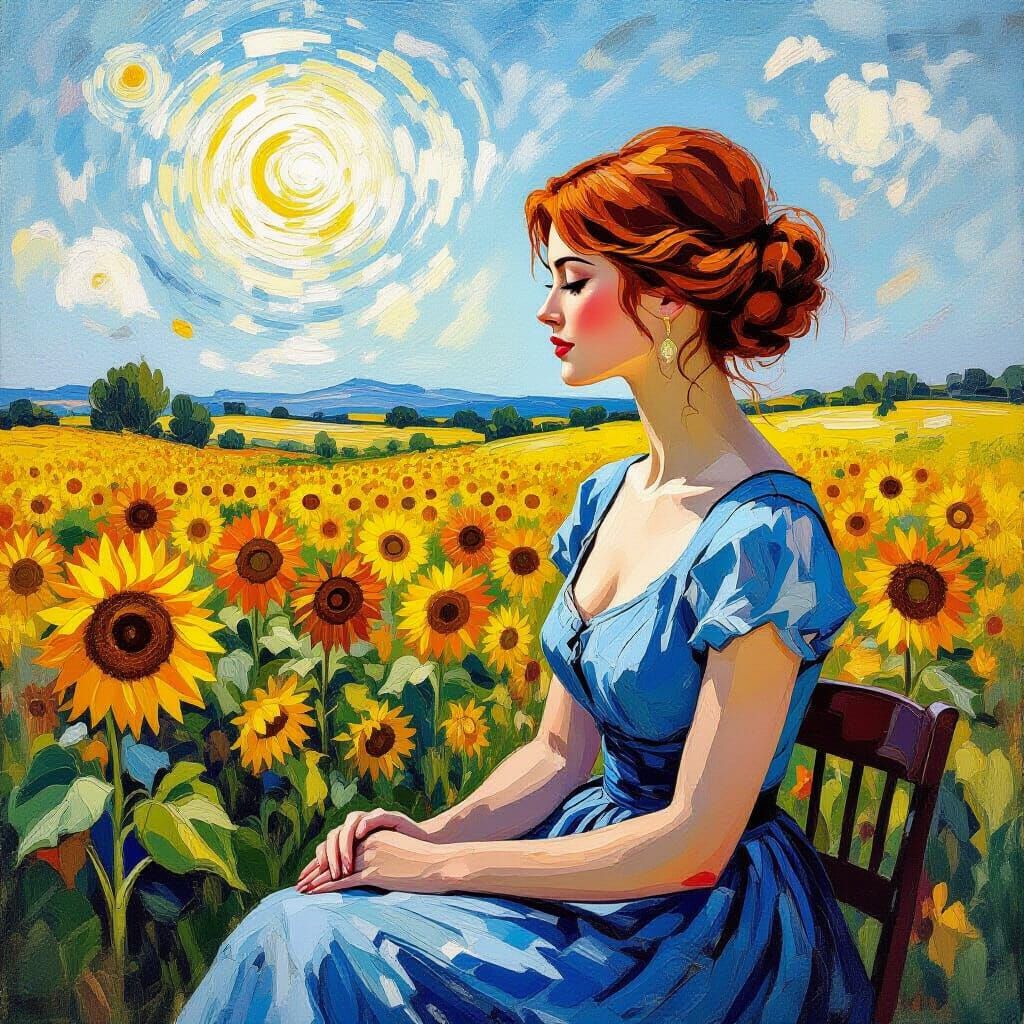 Woman Contemplating Sunflowers in Van Gogh Style