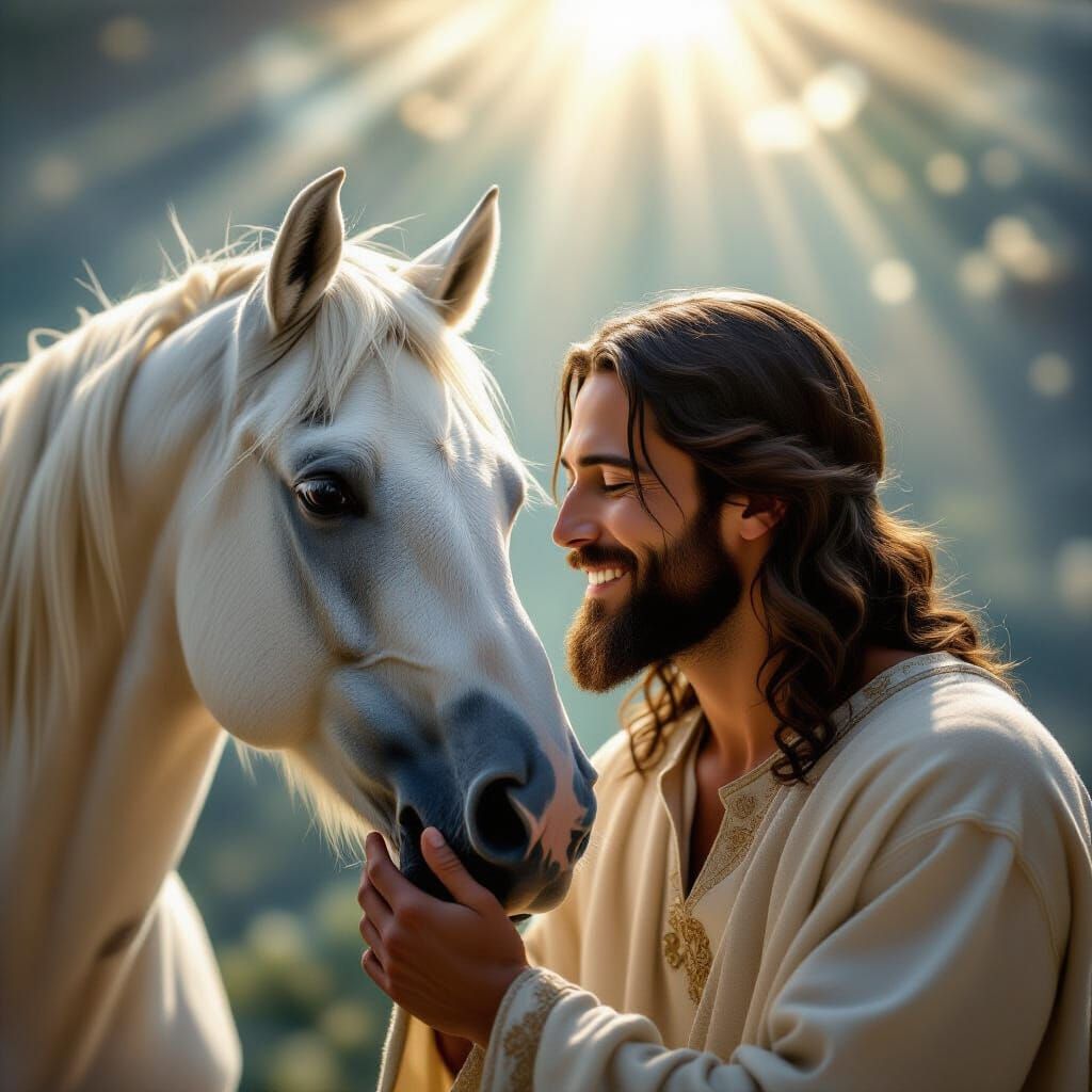 Jesus Whispers to White Horse in Heavenly Light