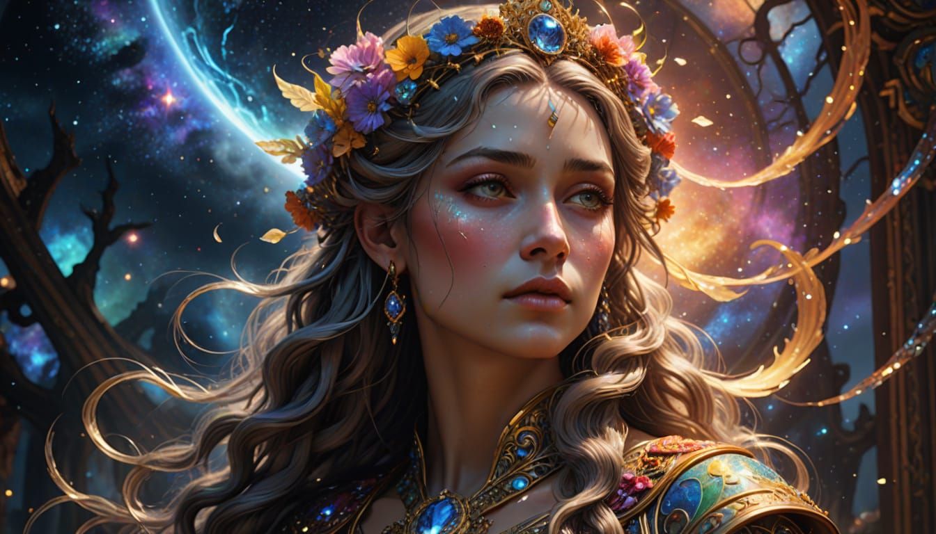 Celestial Goddess Weeping Light in Nebula: Sci-Fi Art