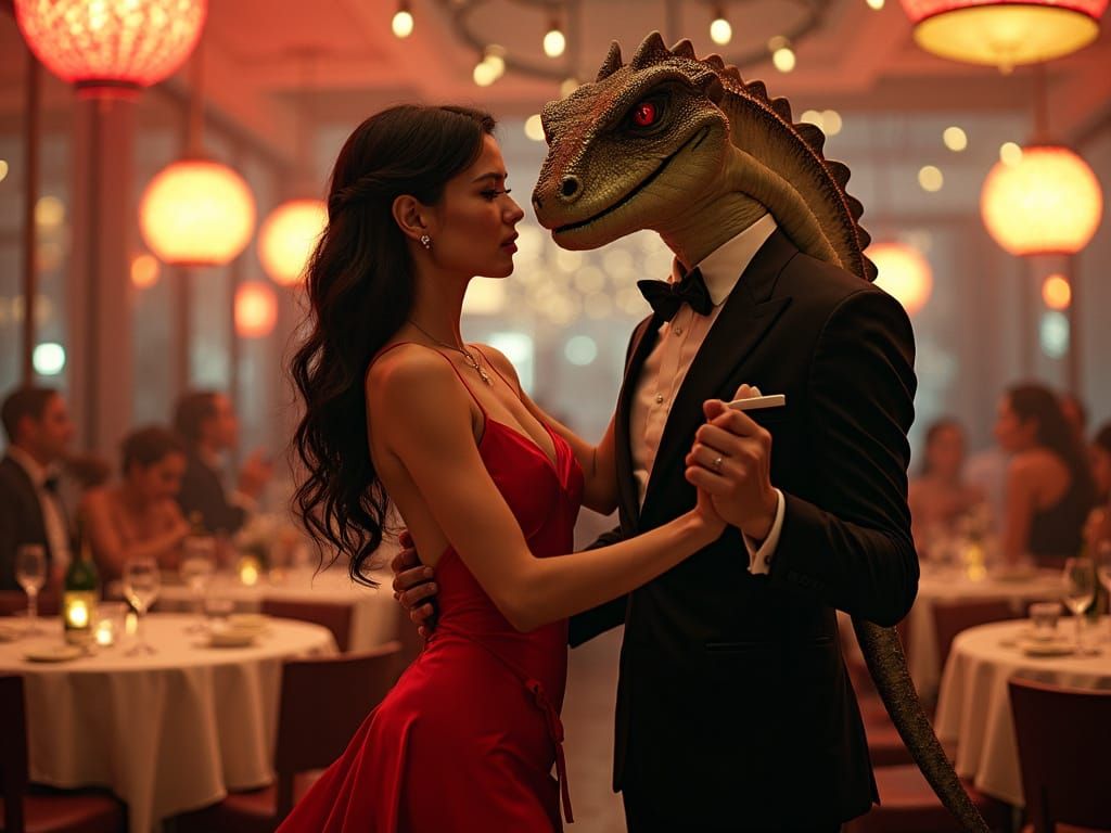 Woman Dancing with Reptilian Humanoid in Restaurant