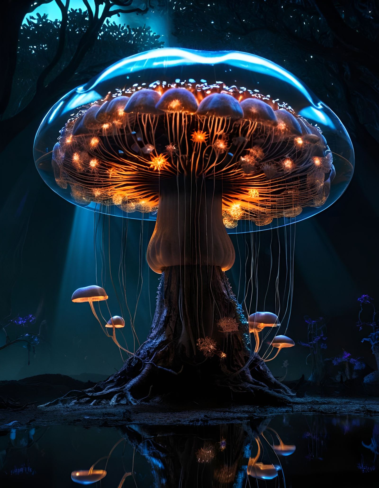 Bioluminescent Mushroom Tree of Life: Digital Illustration