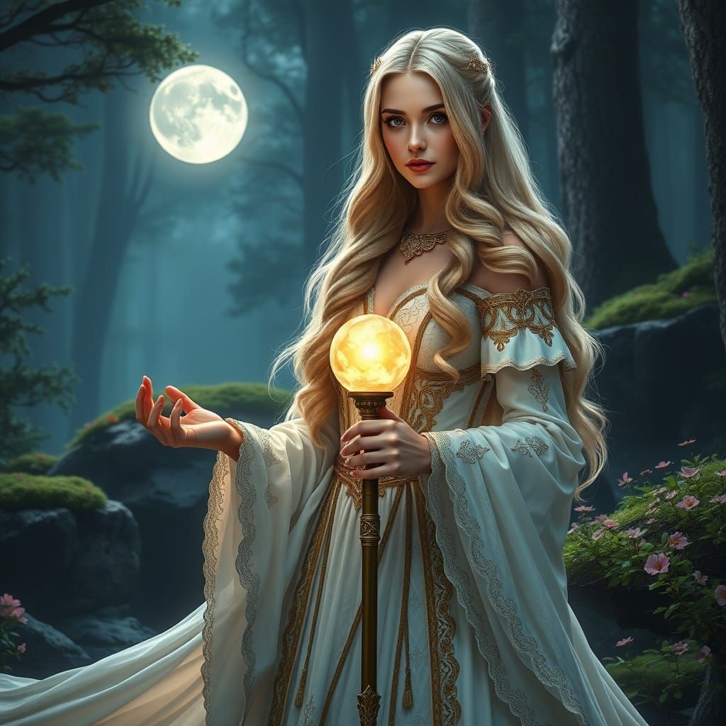 Regal Woman in Enchanted Forest Under Full Moon