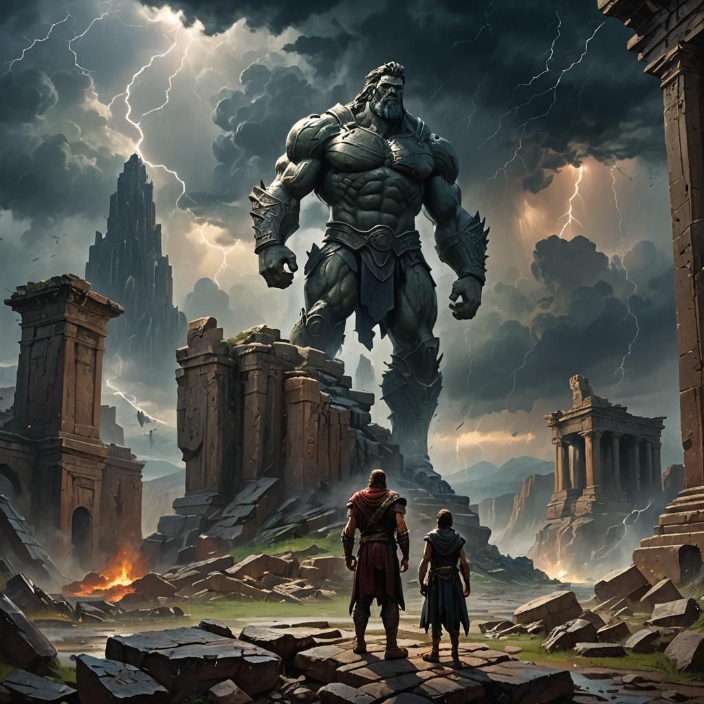 Hero in Ruined City Under Thunderstorm, Impasto Gouache