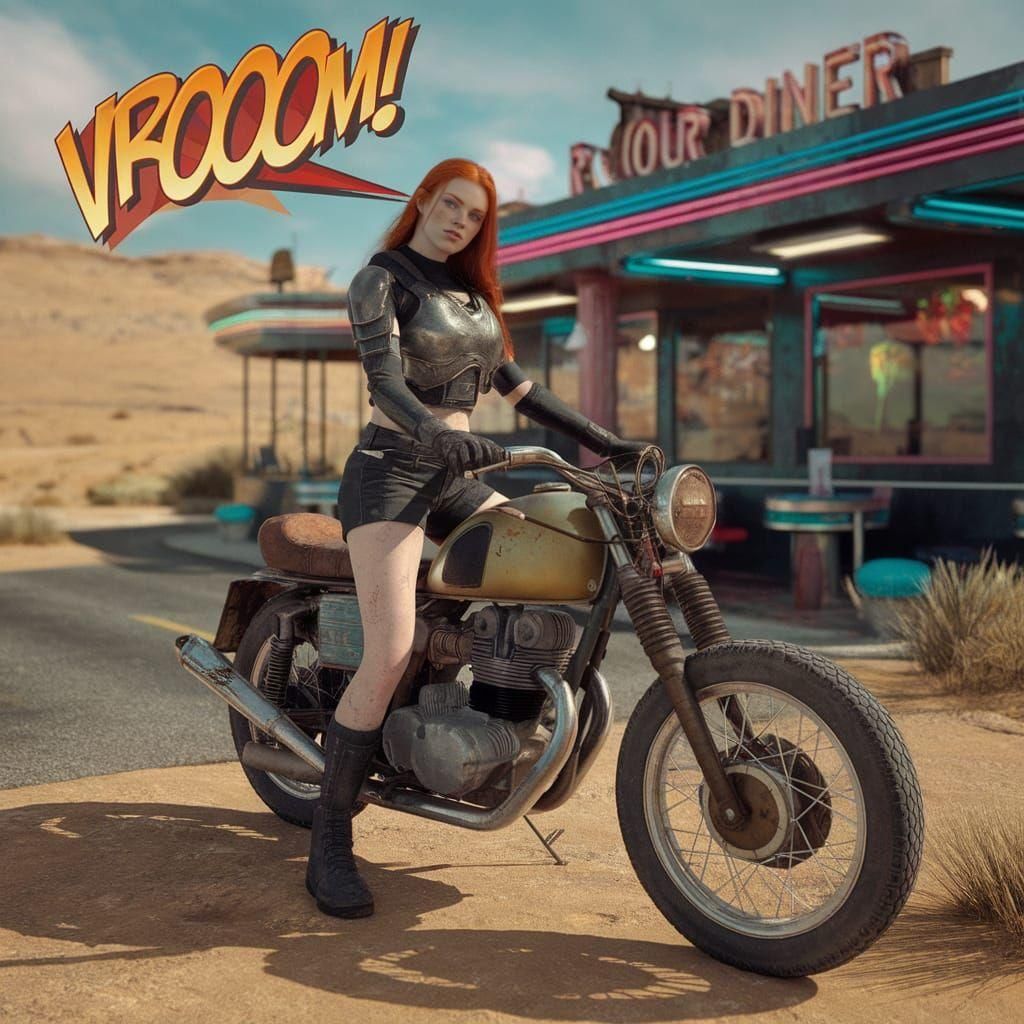Redhead Biker in Cyberpunk Desert Diner