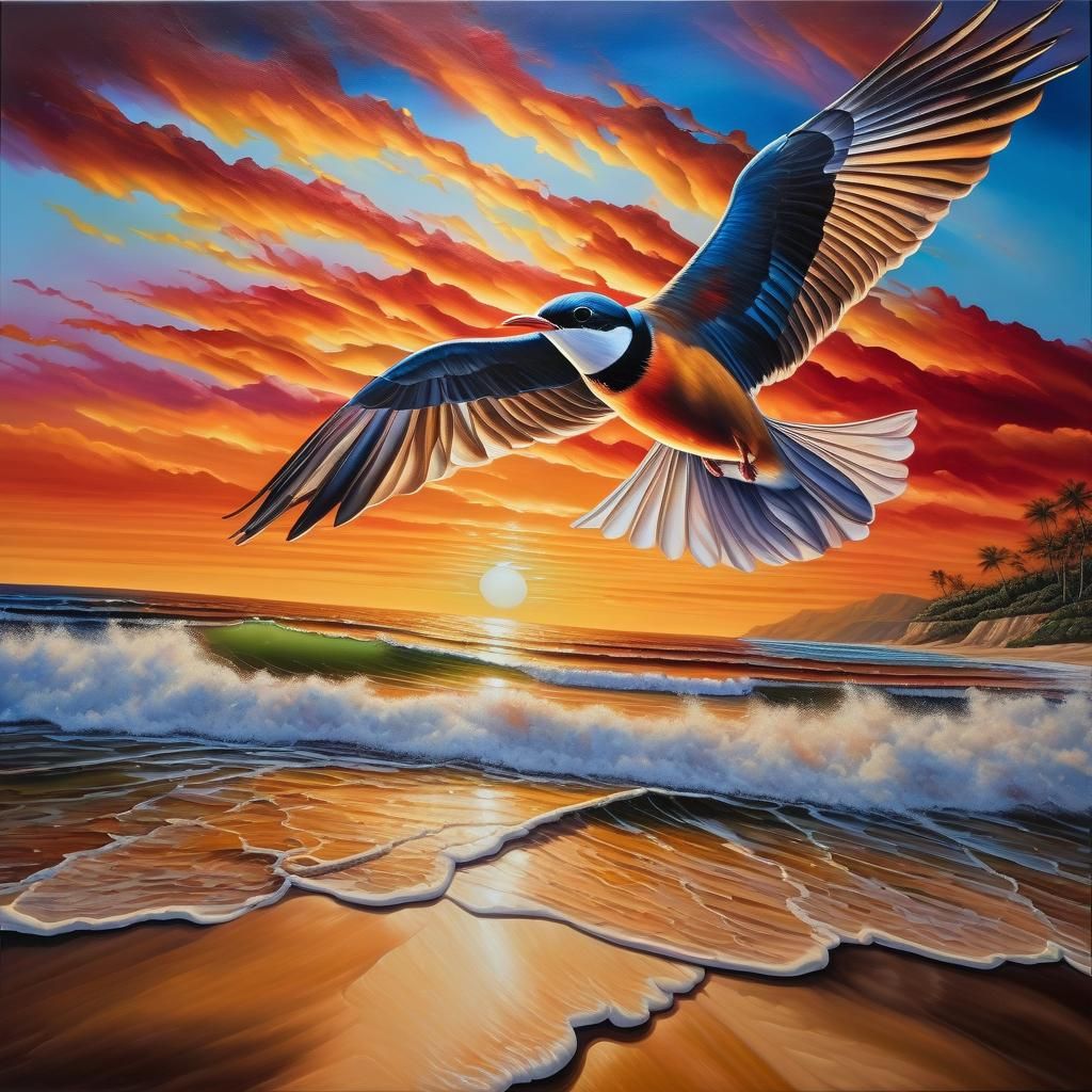 Bird Soaring Over Beach at Sunset as Impasto Painting