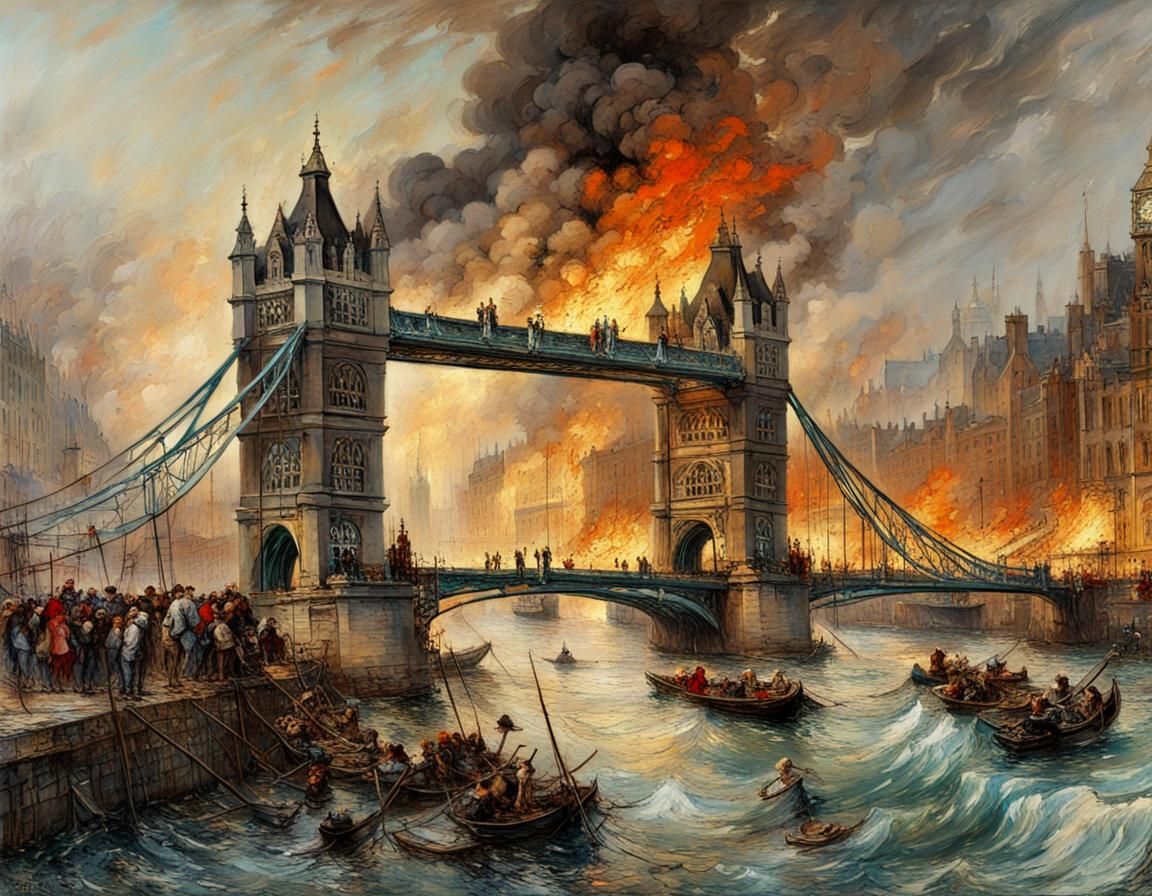 London Bridge Ablaze: Hyperdetailed Rackham-esque Illustrati...