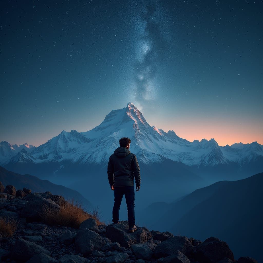 Serenity at Mountain's Foot in Starry Night