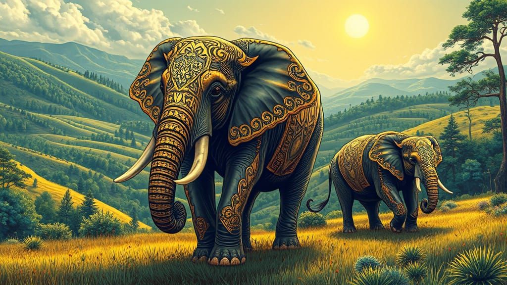 Luxurious Elephants Roam Futuristic Forest Landscape