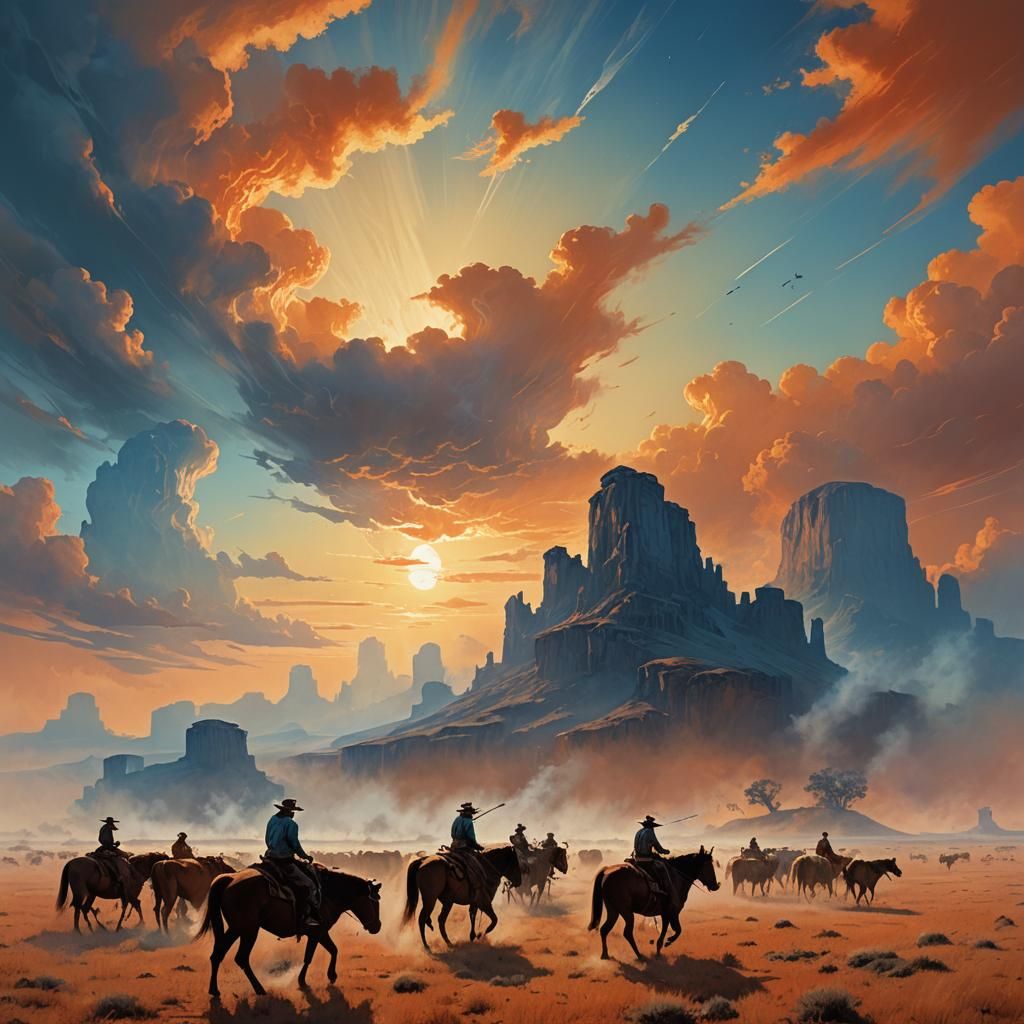 Cowboys Ride the Sky in Ethereal Western Art