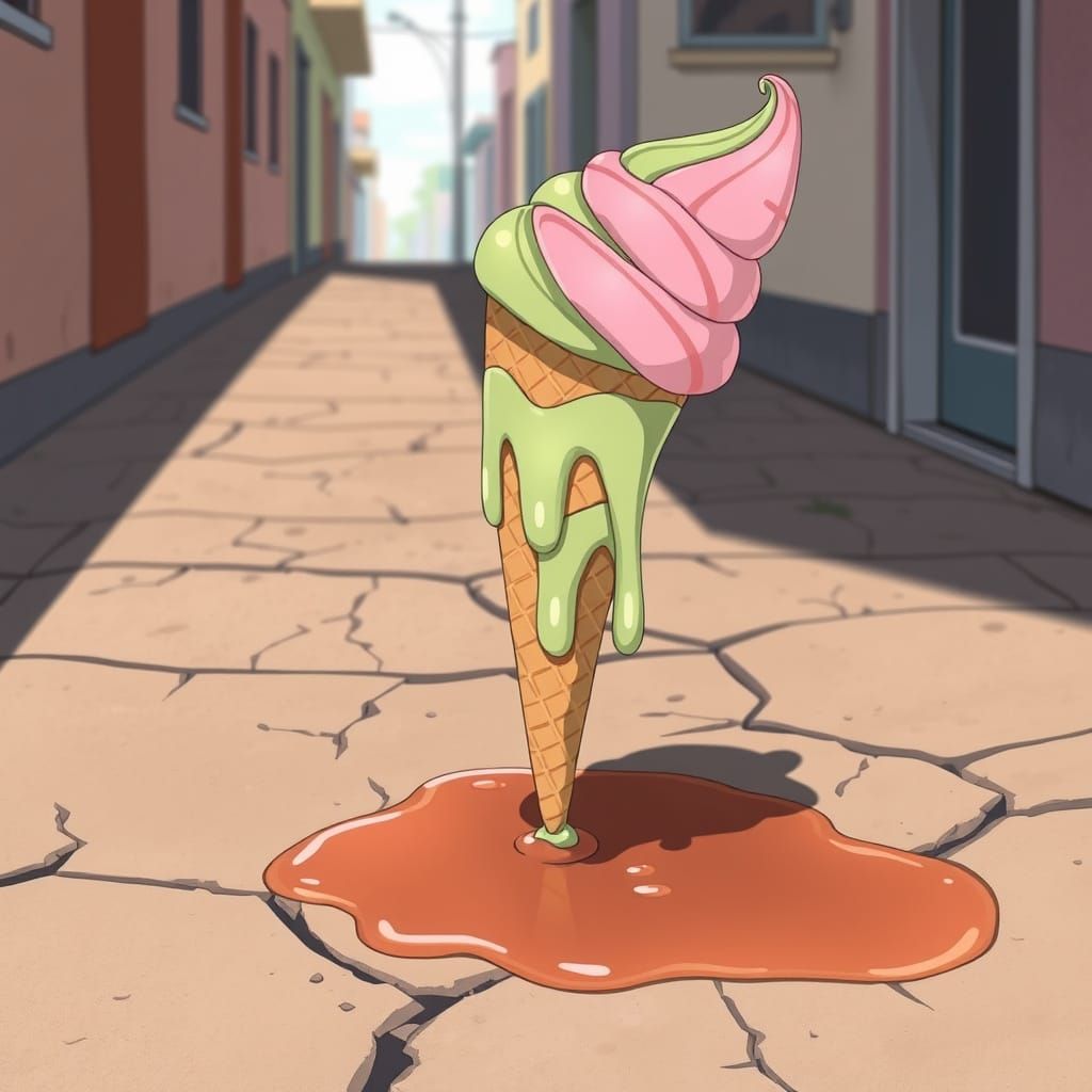 Anime Ice Cream Melts on Sunny Sidewalk