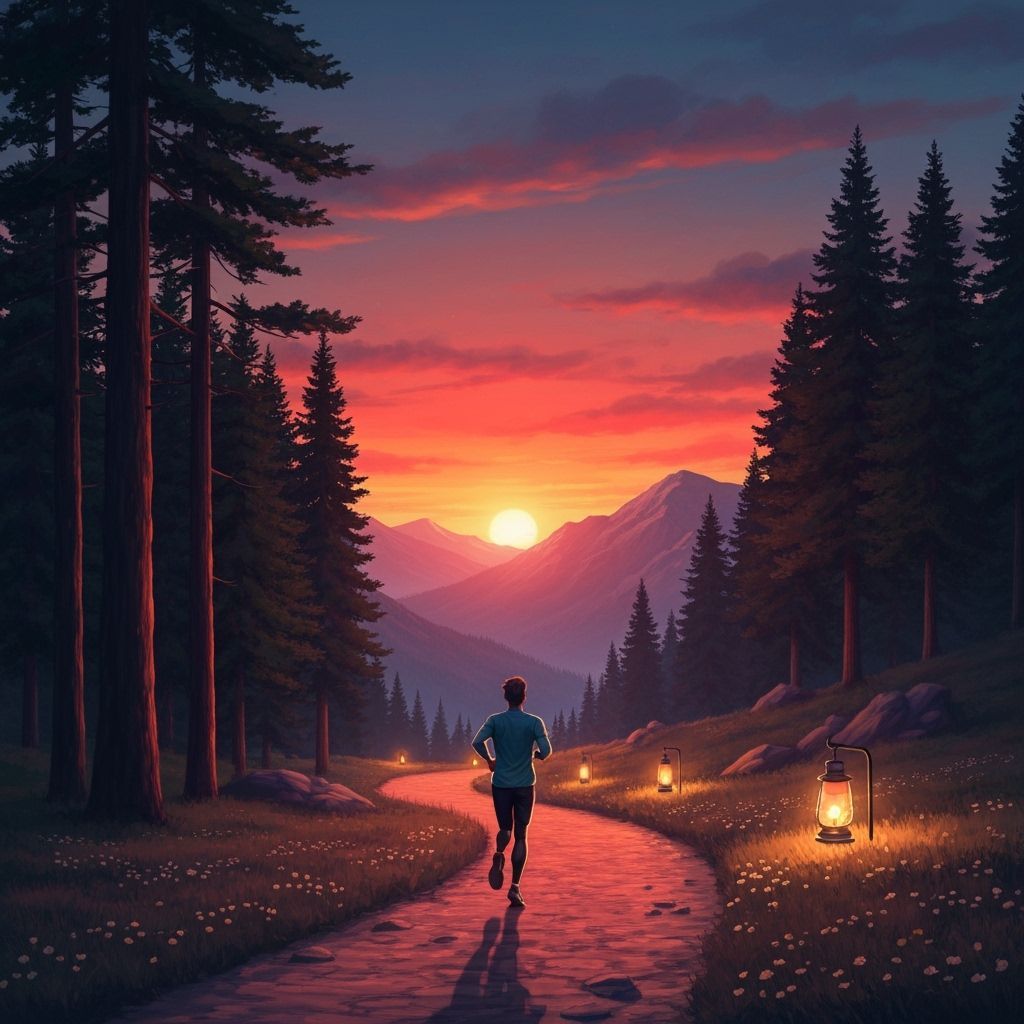 Magical Mountain Sunset Run with Glowing Lanterns