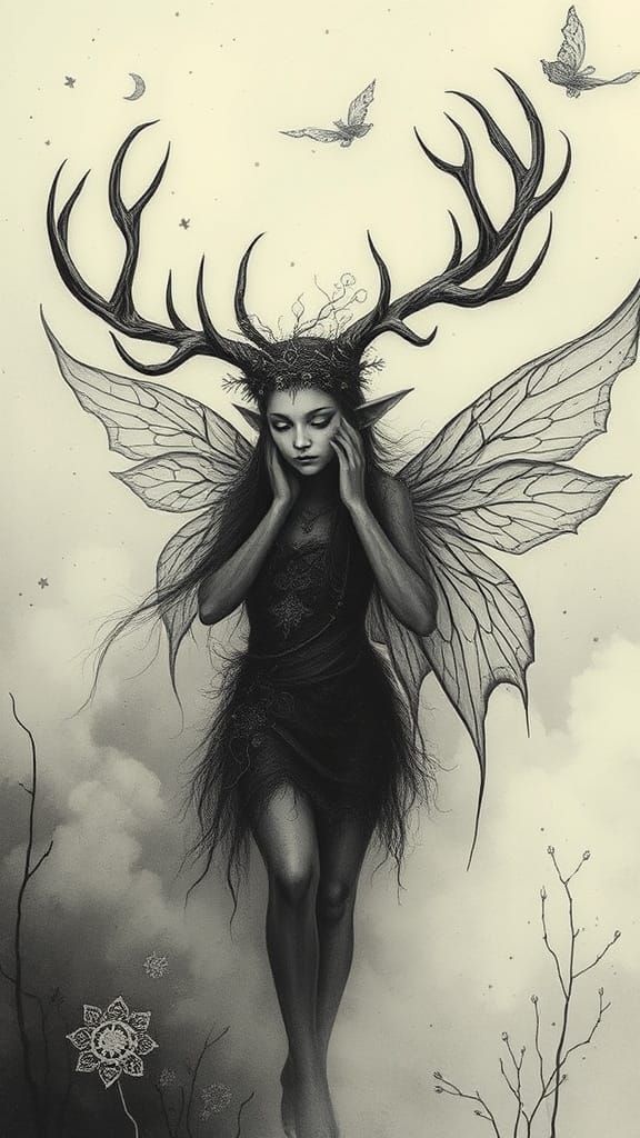 Elven Fairy God in Mystical Dreamscape, Etching Style