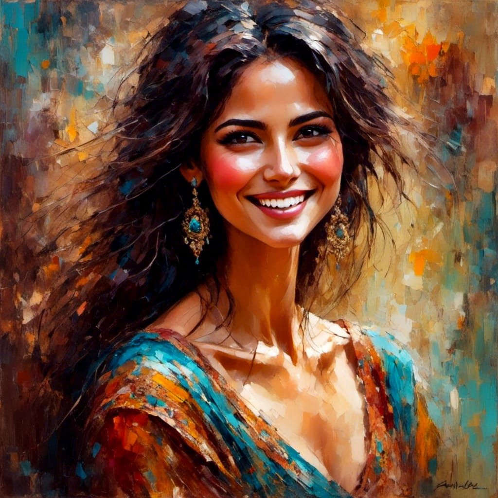 Smiling Palestinian Woman Portrait in Impasto Style