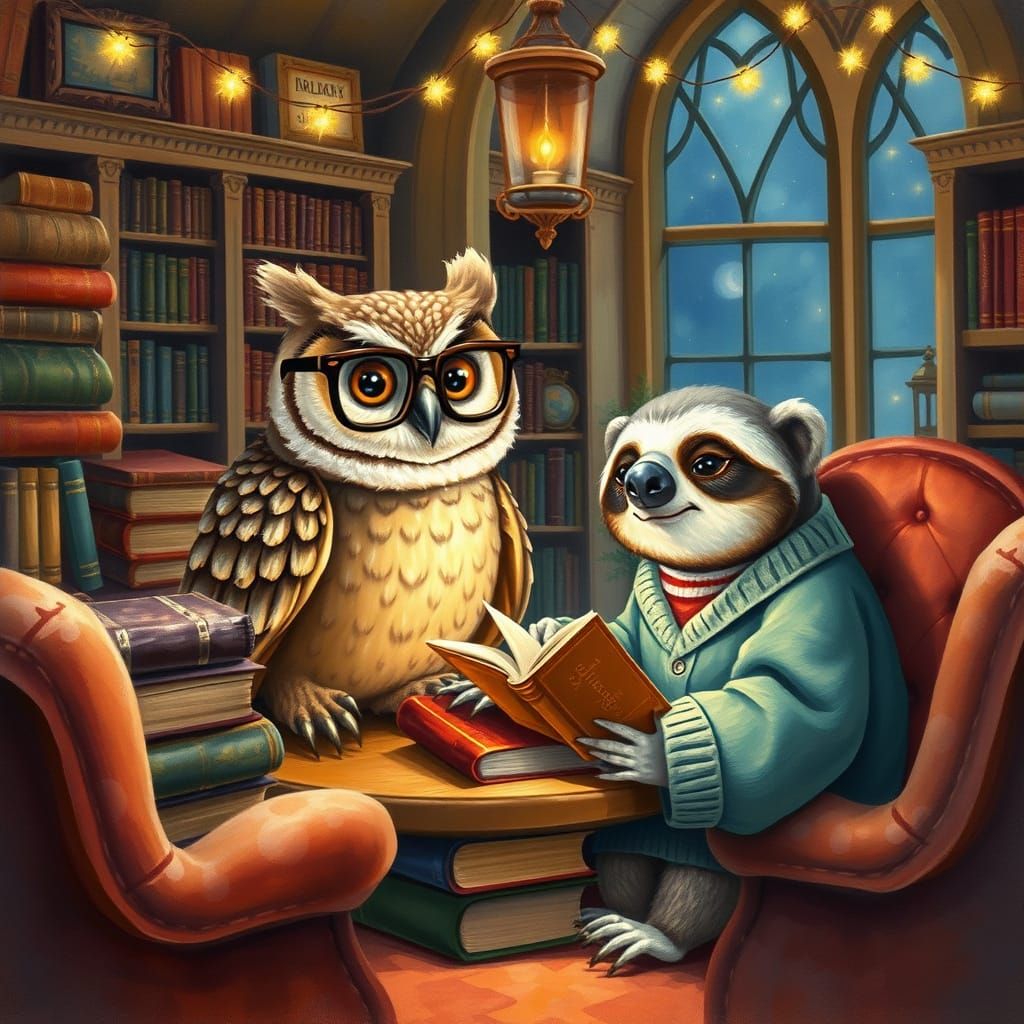 Whimsical Library Scene with Owl and Sloth