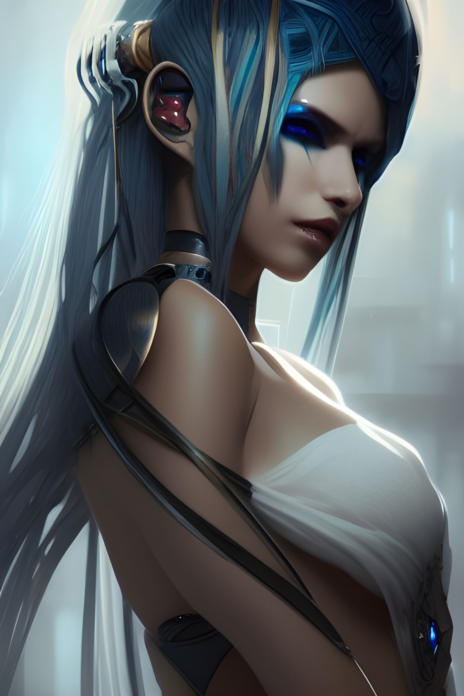 Cyberpunk Dark Elf Goddess with Fire Hair