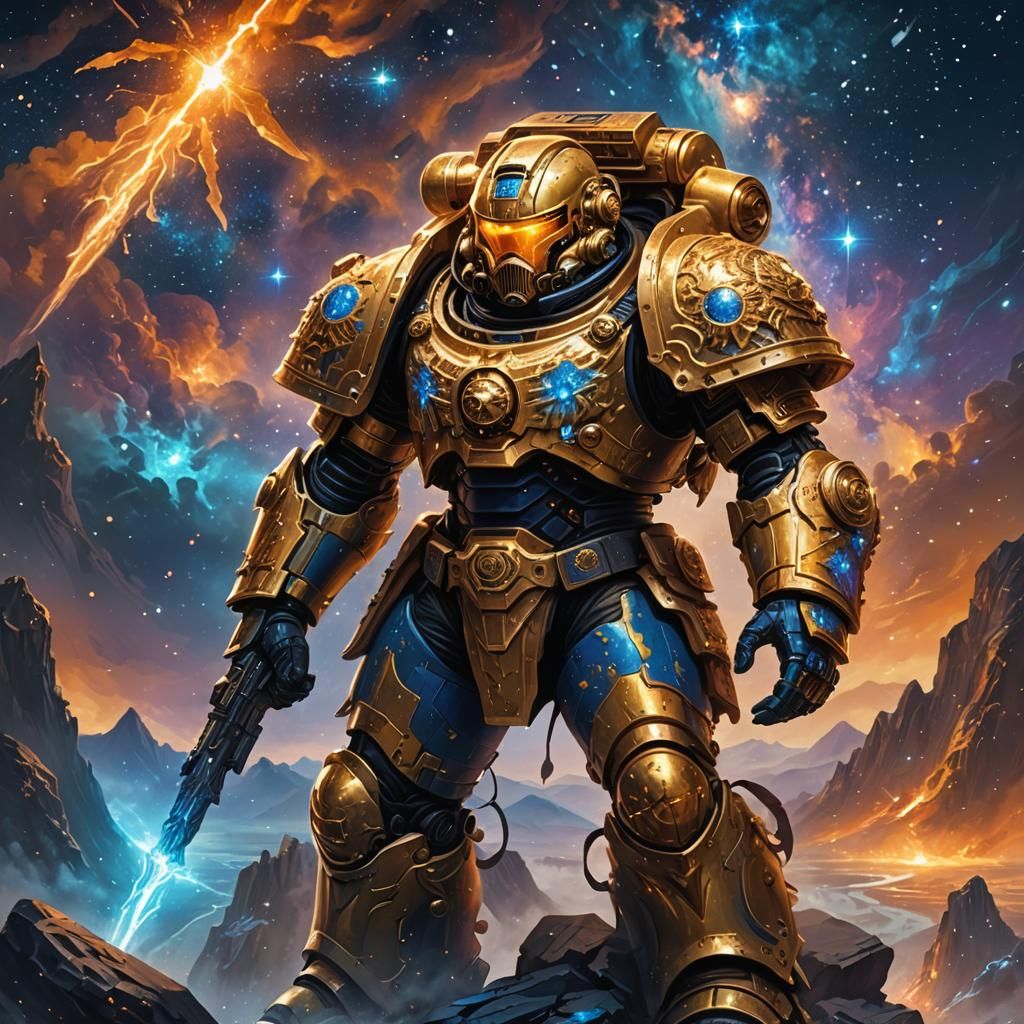 Regal Space Marine Overlooking Starry Nebula Landscape