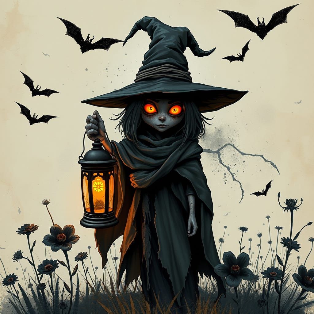 Eerie Witch in Misty Meadow with Lantern, Digital Art