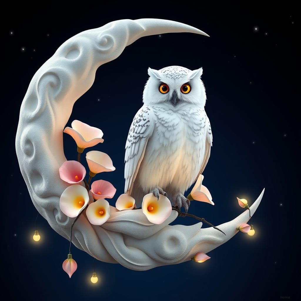 Whimsical Snowy Owl on a Stylized Crescent Moon