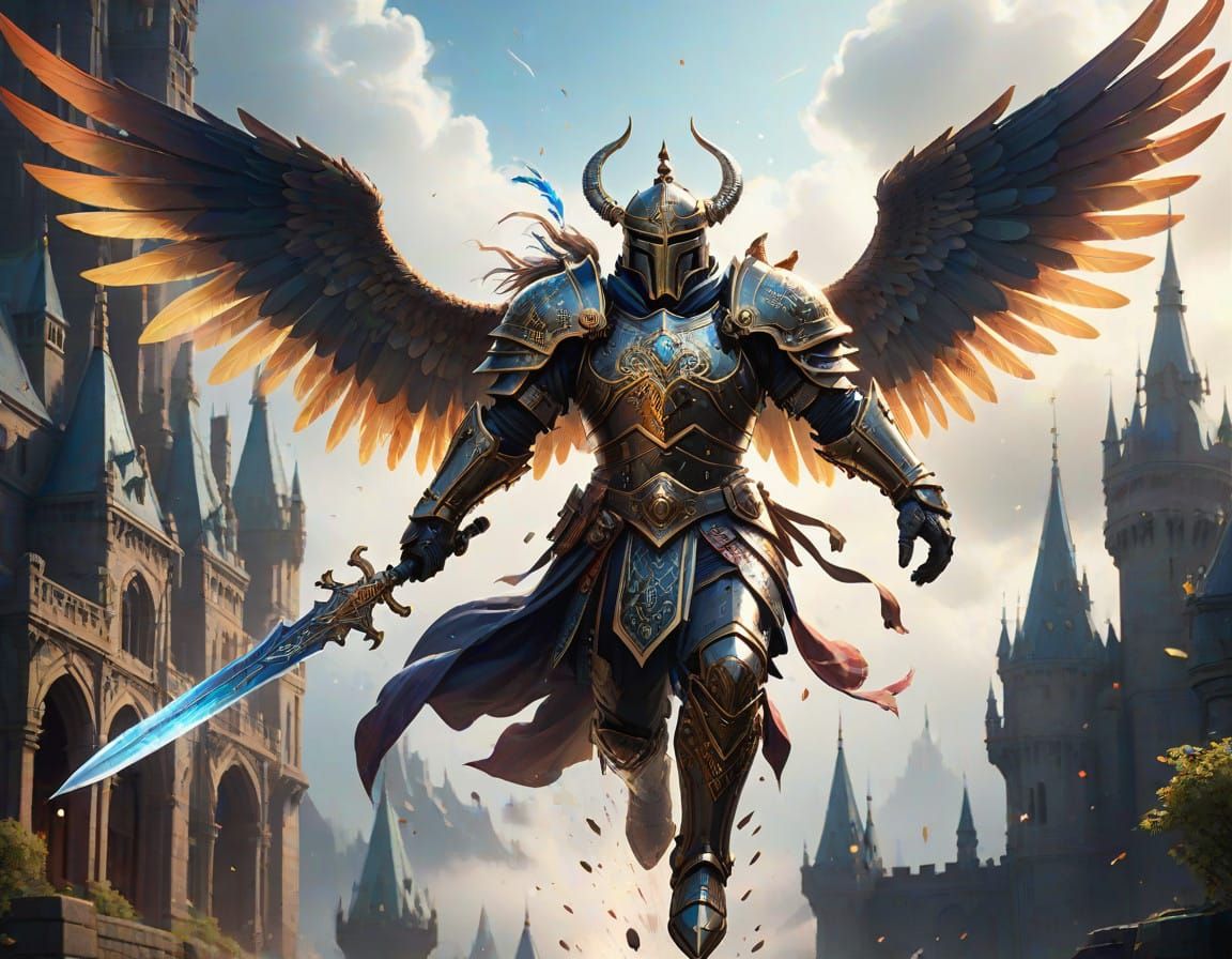 Medieval Warrior Soars in Watercolor Fantasy